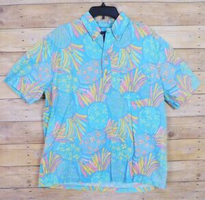 The Nutter Men's L Pineapple Hawaiian Button Down Shirt Short Sleeve Blue Pink